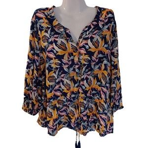 Falls Creek Womens Blue Yellow Gauzy Floral Rayon Hi/Lo Tunic w Drawsting, 2X